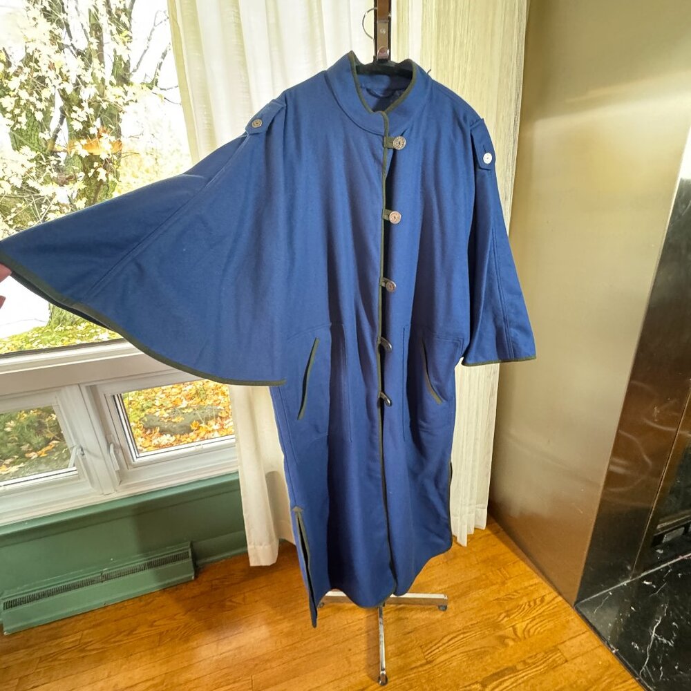Vintage 80s coat, cobalt blue, kaki suede details, flutter sleeves, Salko